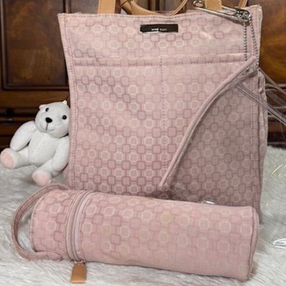Nine West Pink Geo Canvas Bag + Bear Charm + Bottle Carrier + Clear Clip Pouch - Picture 1 of 15